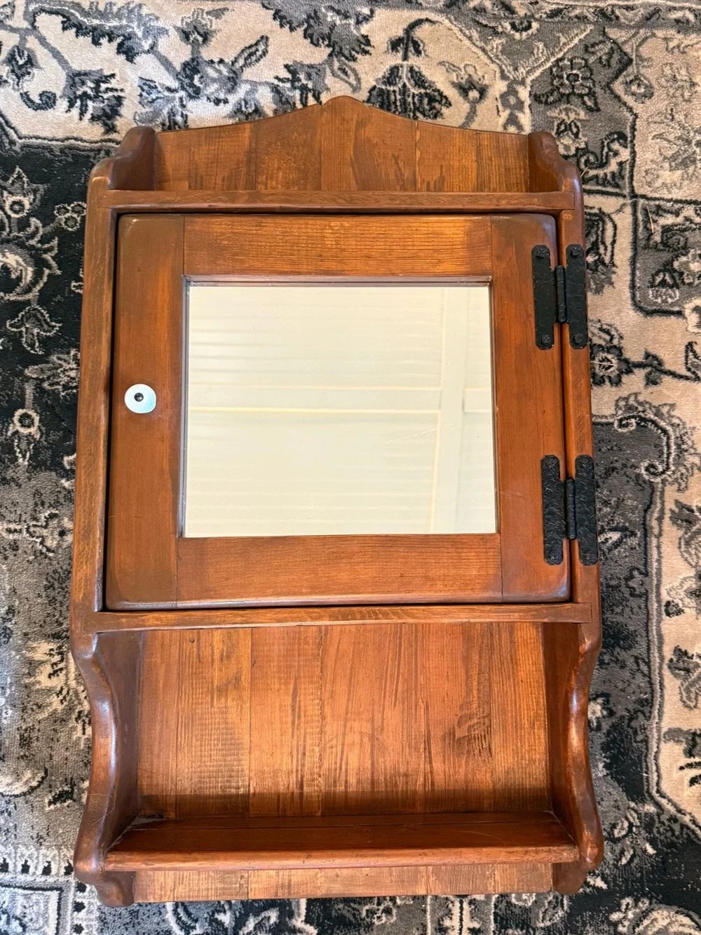 Vtg Handmade Solid Wood Wall Cabinet Shelf with Mirror Country Cottage Farmhouse